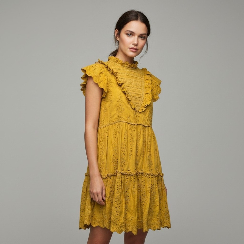 Sea New York Mustard Yellow Eyelet Lace Tiered Mini Dress Size 10 Boho Flutter